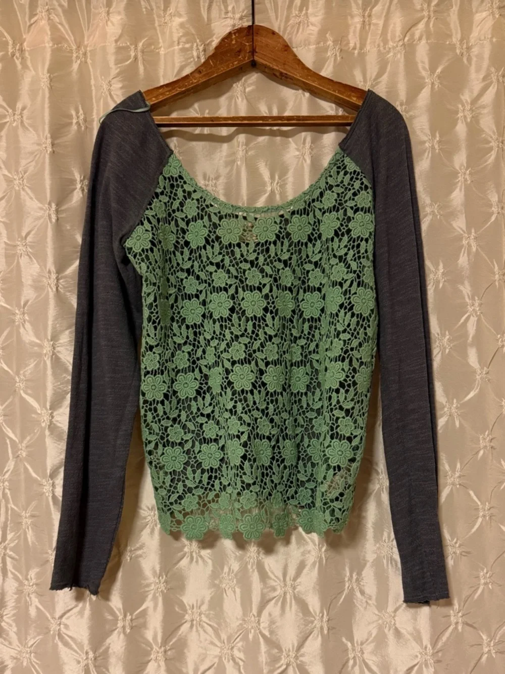 Y2K Free People Mint Green Gray Crochet Lace Long Sleeve Top Boho Crochet vtg